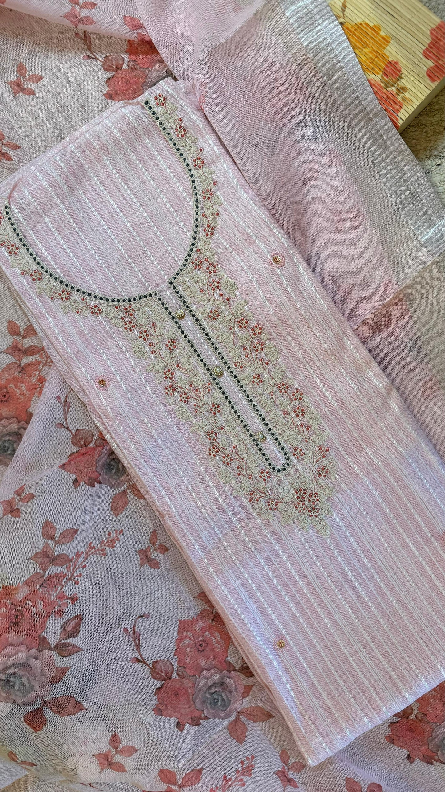 Women Linen Embellished Neck Embroidered Suit Dress Material