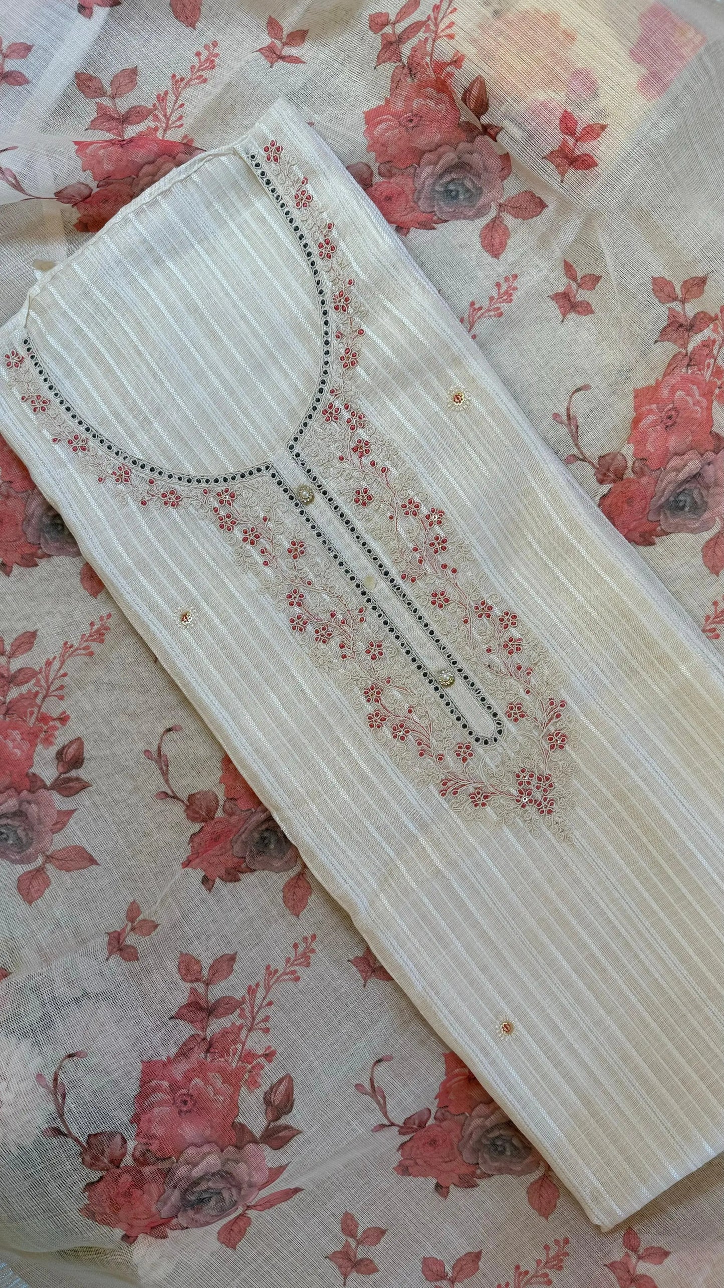 Women Linen Embellished Neck Embroidered Suit Dress Material