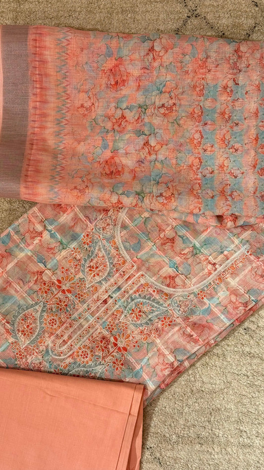 Women Peach Linen Cotton Suit Dress Material