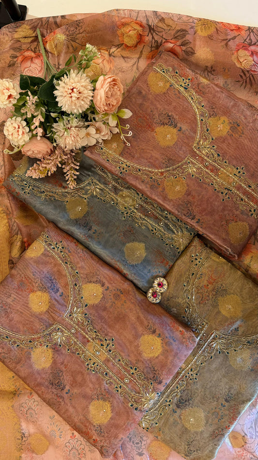 Women Organza Banarasi Weave Khaatli Handwork Suit Dress Material