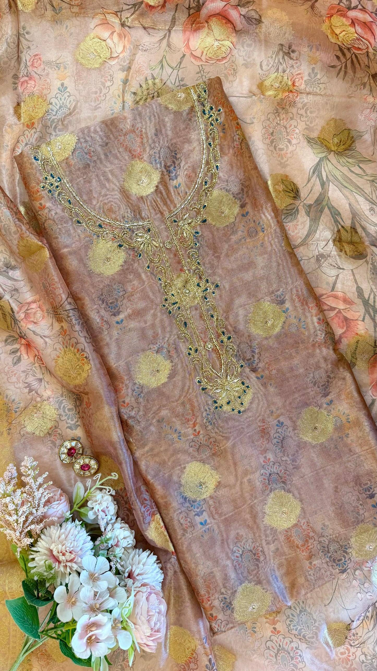 Women Organza Banarasi Weave Khaatli Handwork Suit Dress Material