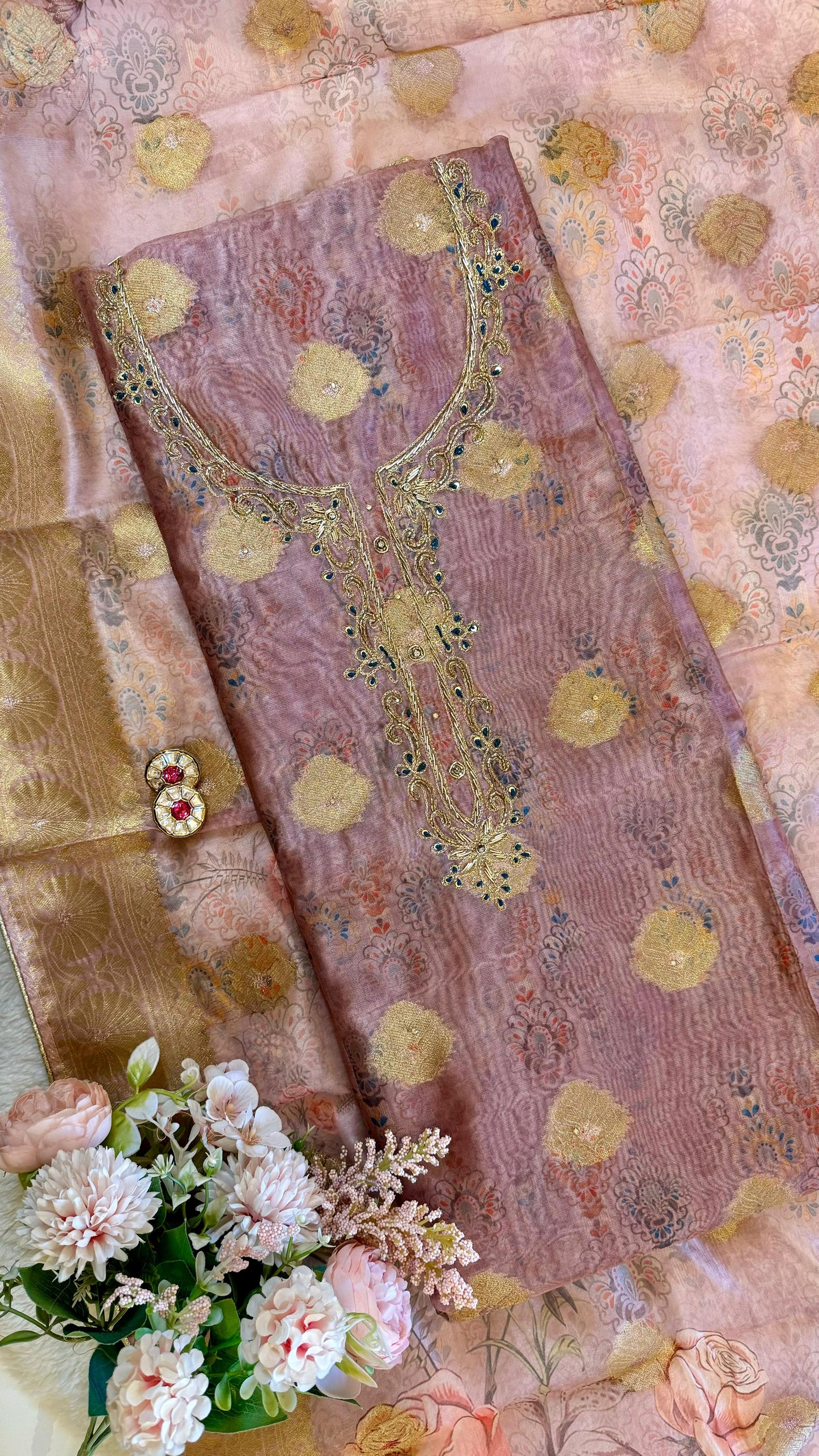 Women Organza Banarasi Weave Khaatli Handwork Suit Dress Material