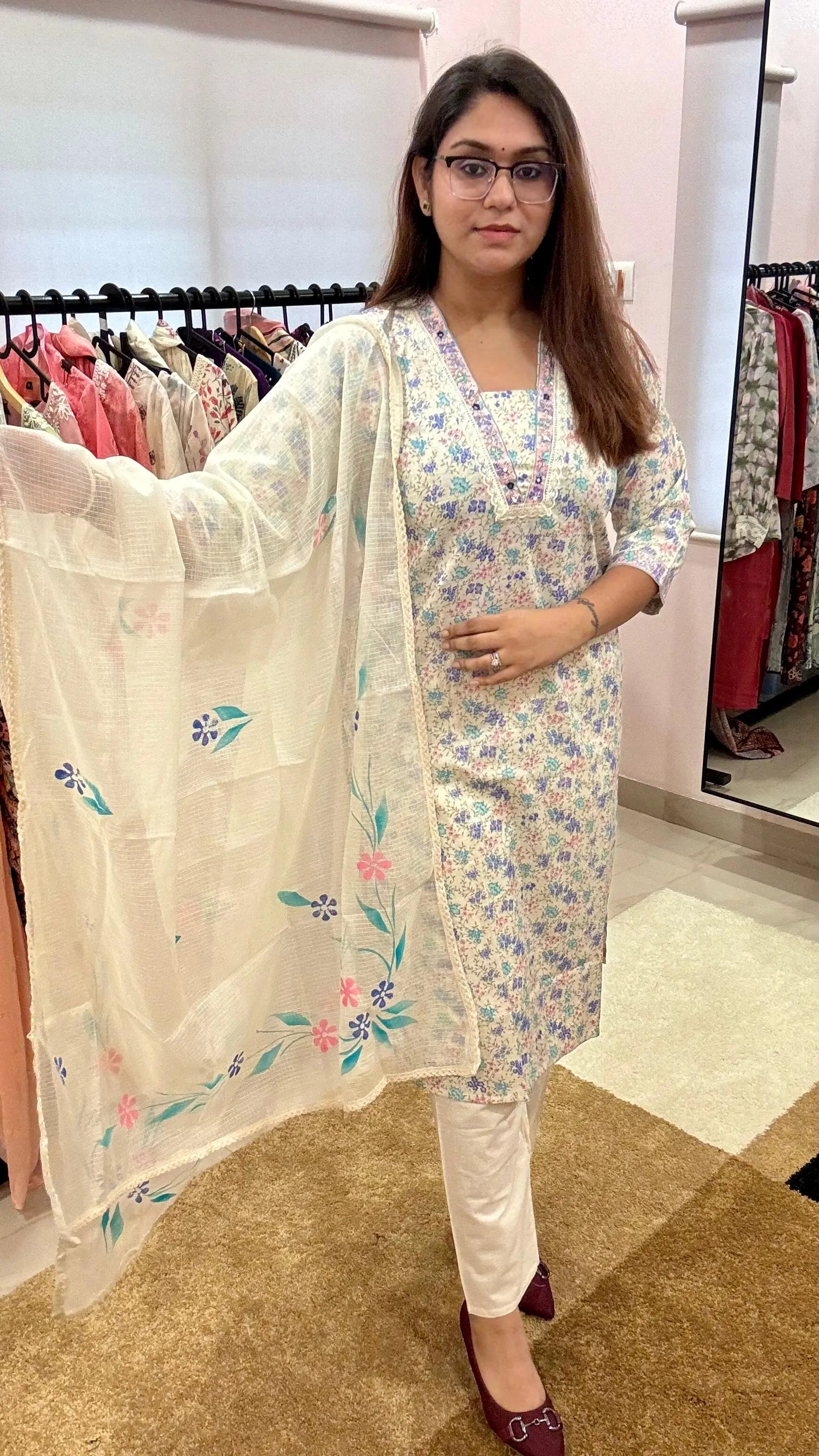 Women Cotton Flex Hand Embroidered Readymade Suit Set