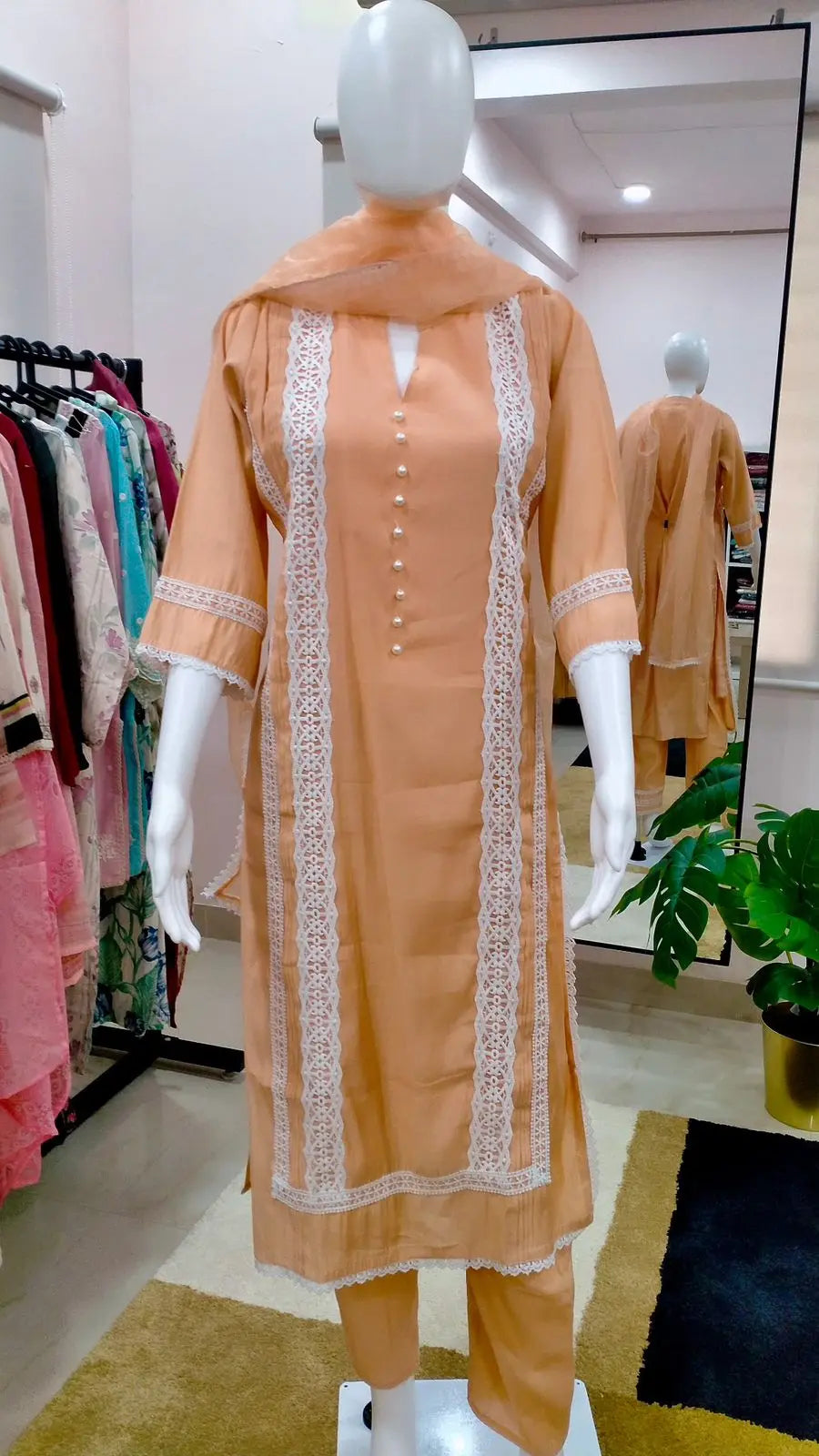 Women Muslin with Crochet Lace and Pearl Button Readymade Suit Set