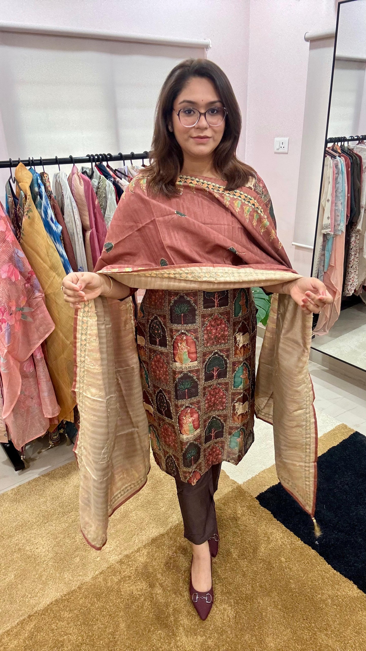 Women Tussar Silk Madhubani Print Kantha Embroidery Readymade Suit Set