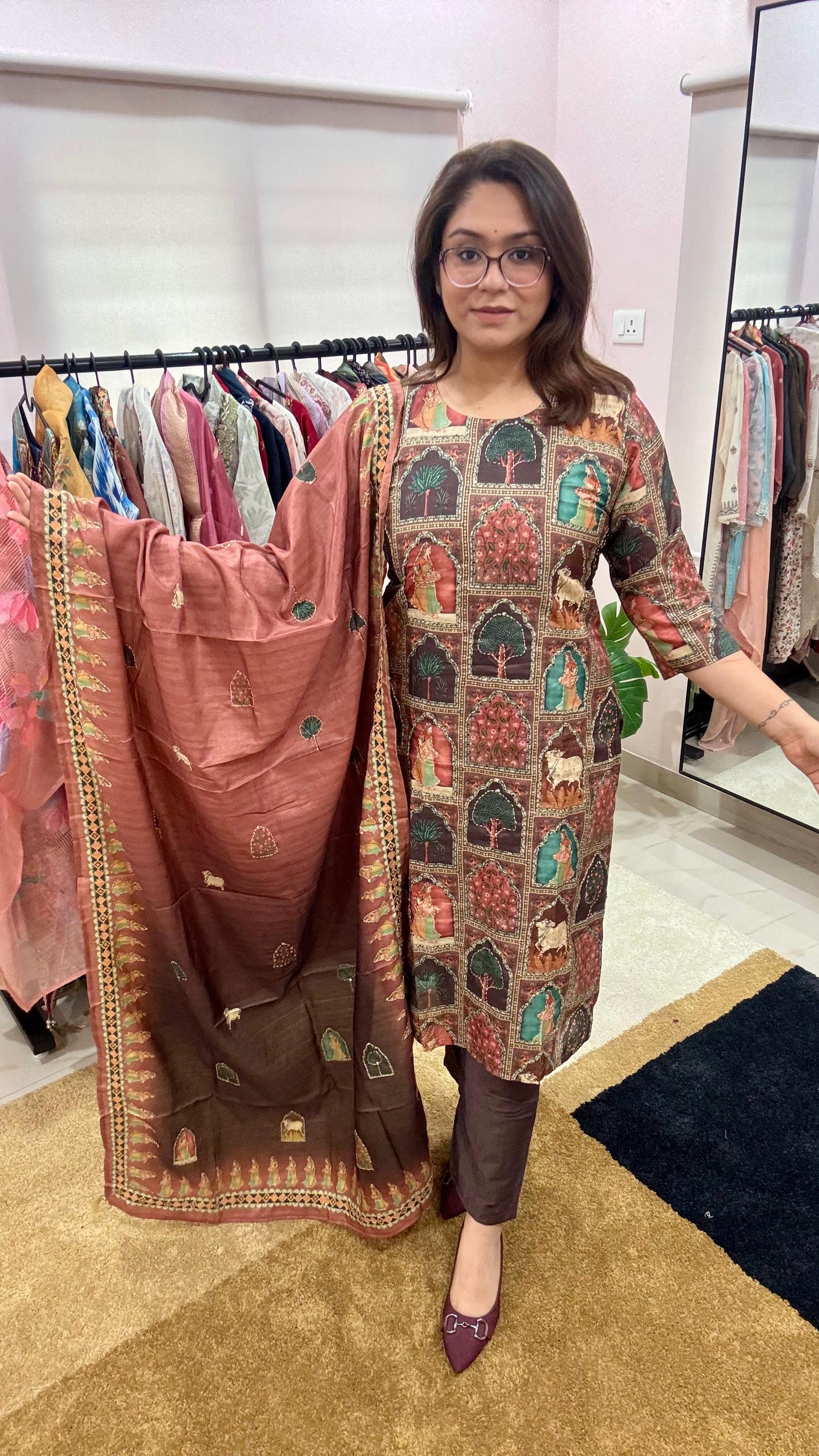 Women Tussar Silk Madhubani Print Kantha Embroidery Readymade Suit Set