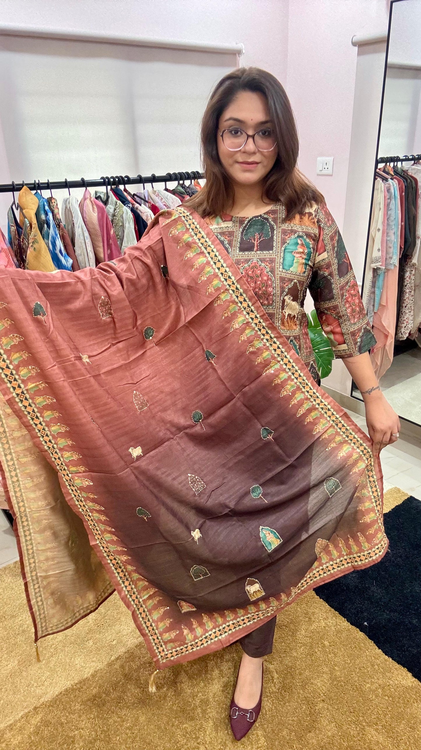 Women Tussar Silk Madhubani Print Kantha Embroidery Readymade Suit Set