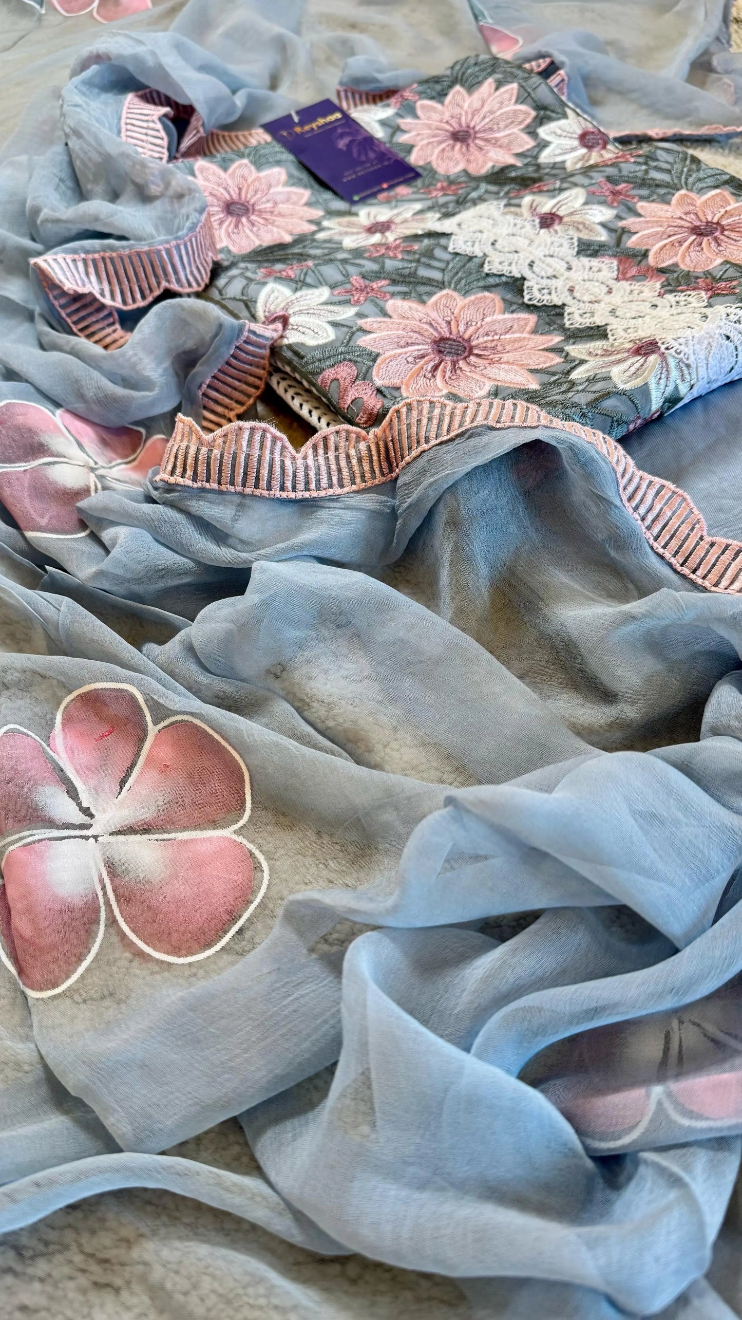 Women Crochet Lace Suit Set On Organza Fabric Suit Dress Material Reyshaa