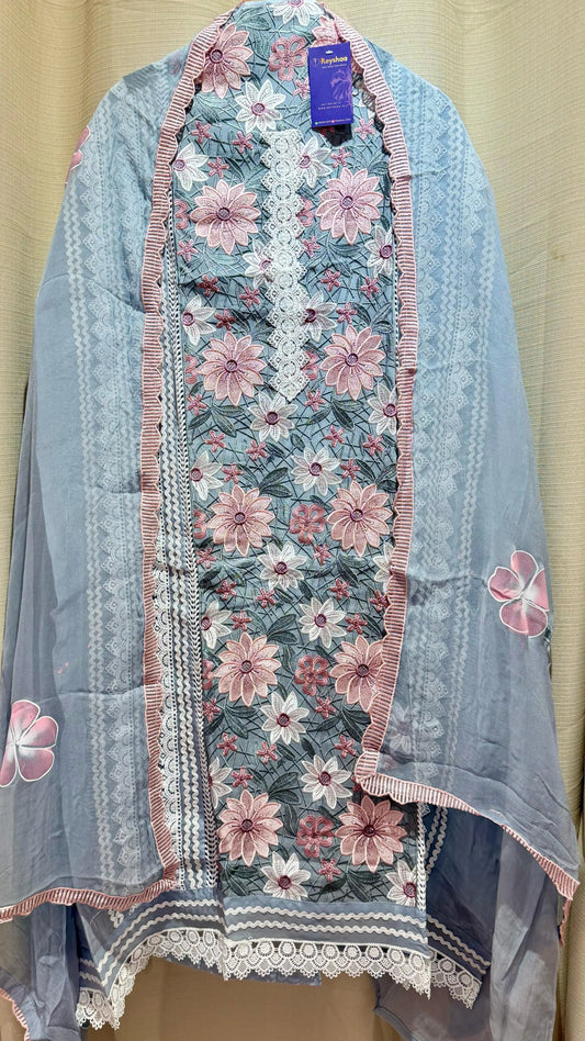 Women Crochet Lace Suit Set On Organza Fabric Suit Dress Material Reyshaa