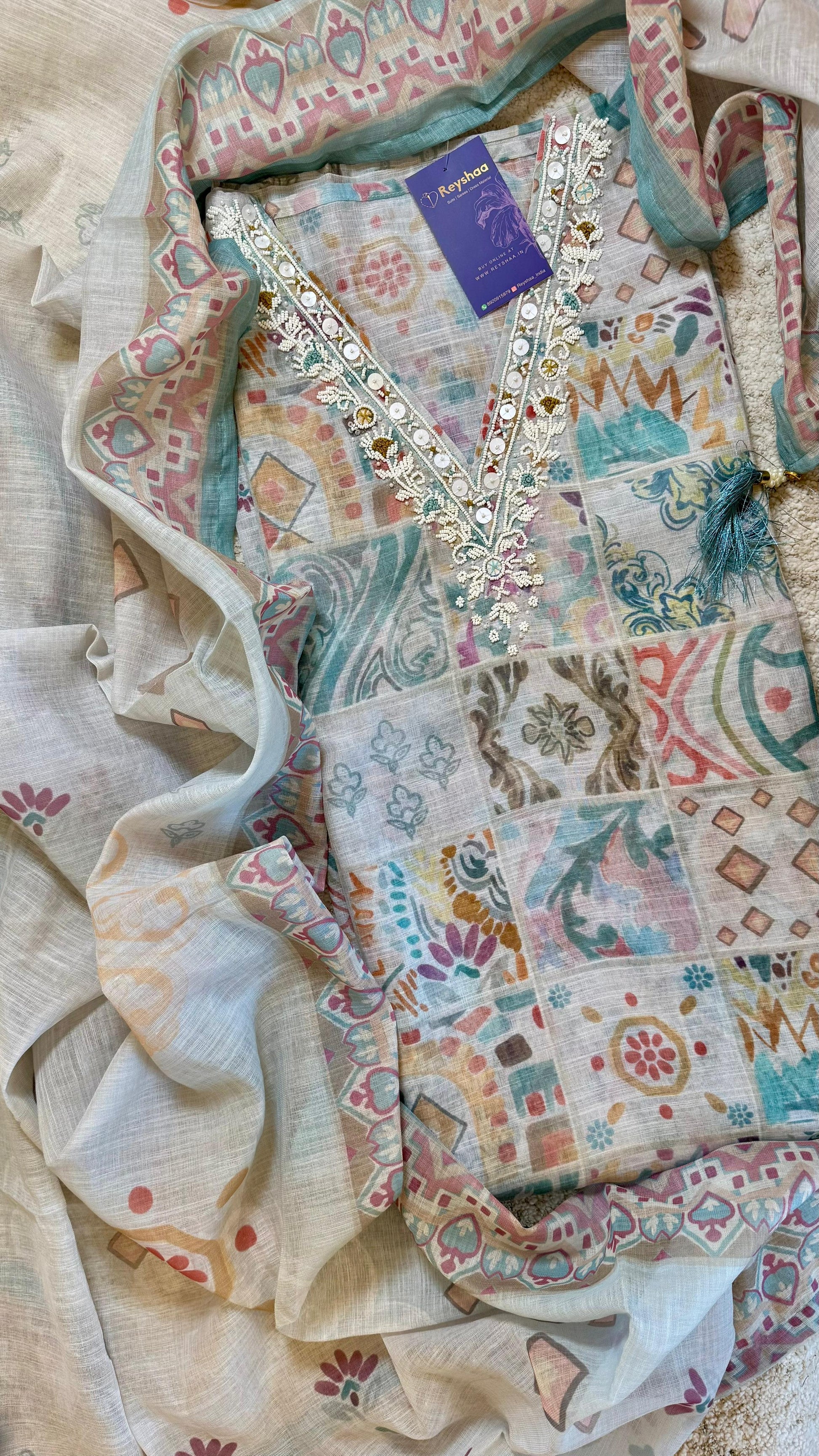 Women Mutlicolor Abstract Print Linen Suit Dress Material Reyshaa