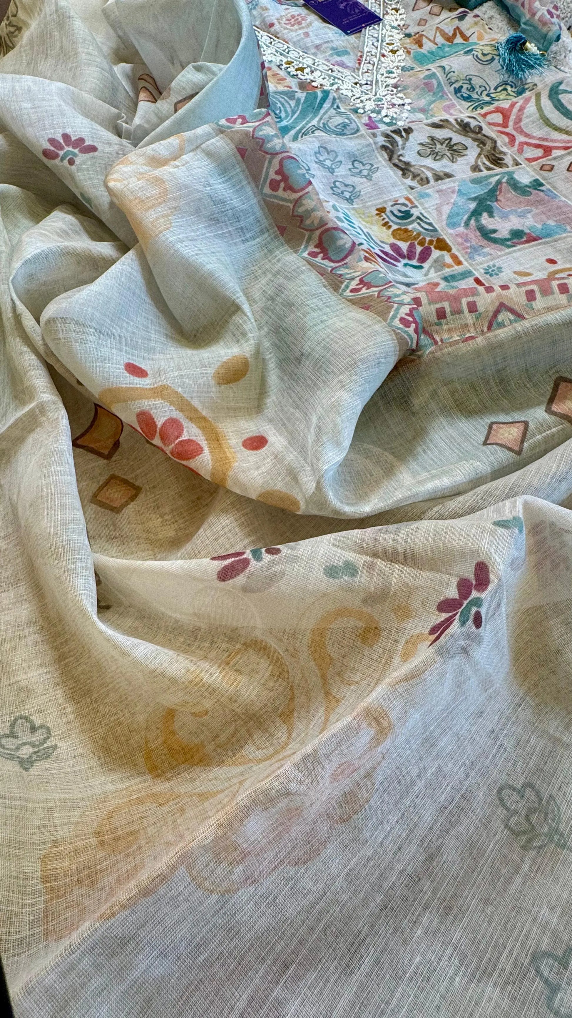 Women Mutlicolor Abstract Print Linen Suit Dress Material Reyshaa