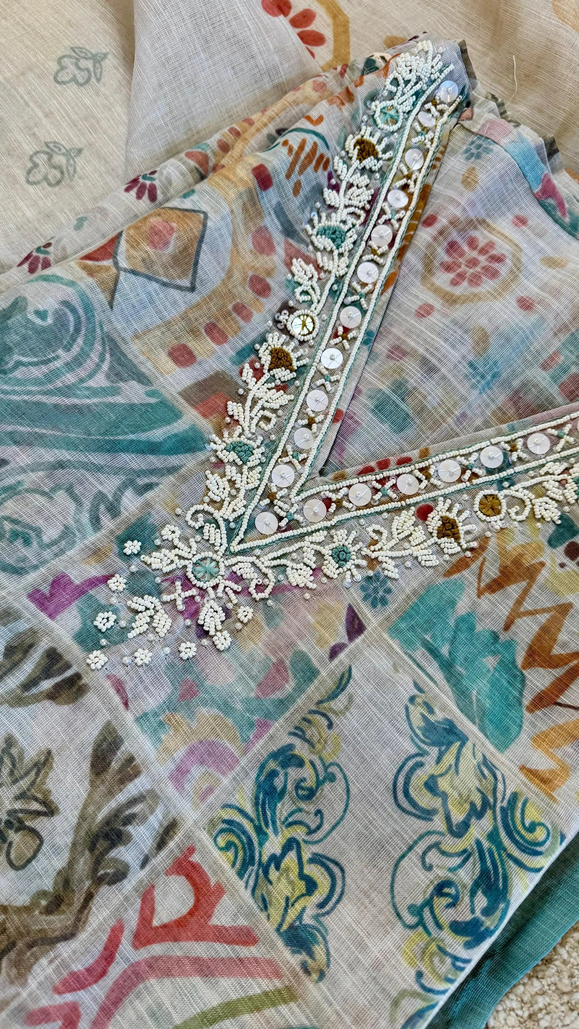 Women Mutlicolor Abstract Print Linen Suit Dress Material Reyshaa