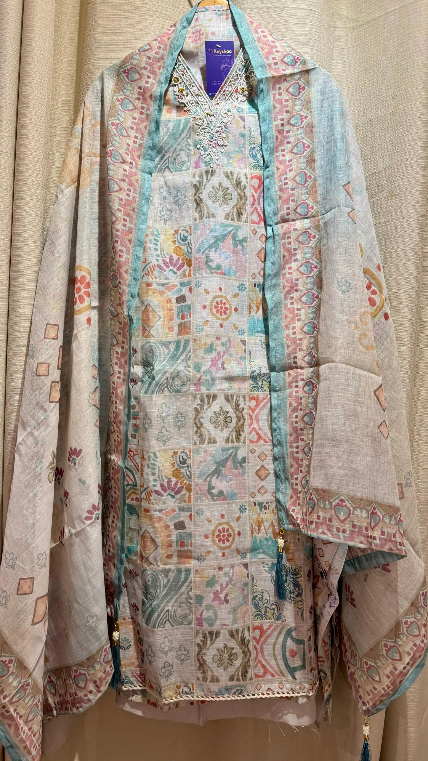 Women Mutlicolor Abstract Print Linen Suit Dress Material Reyshaa