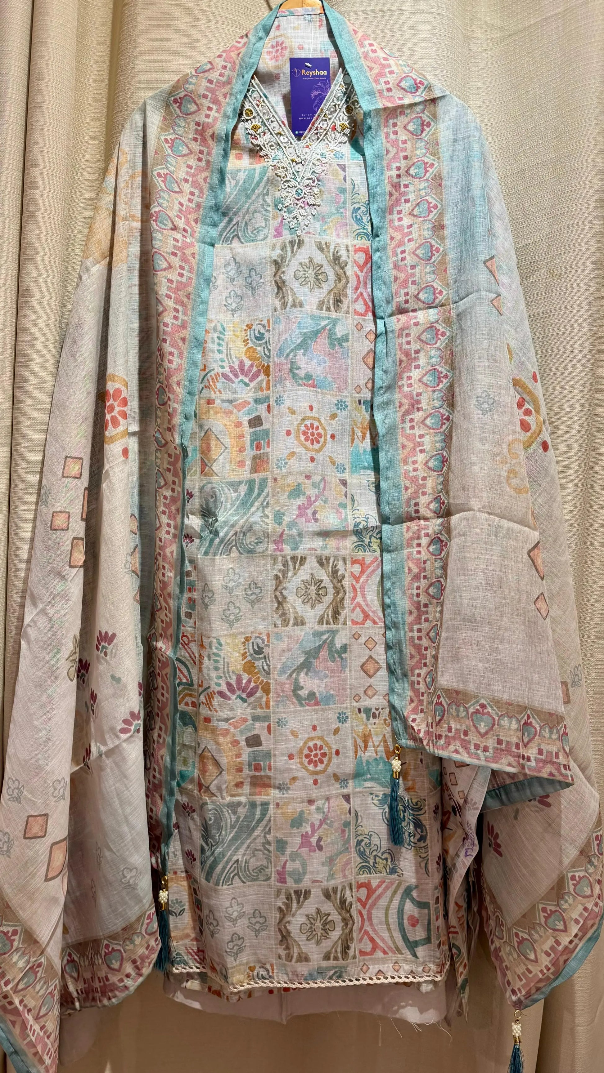 Women Mutlicolor Abstract Print Linen Suit Dress Material Reyshaa