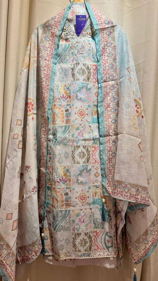 Women Mutlicolor Abstract Print Linen Suit Dress Material Reyshaa