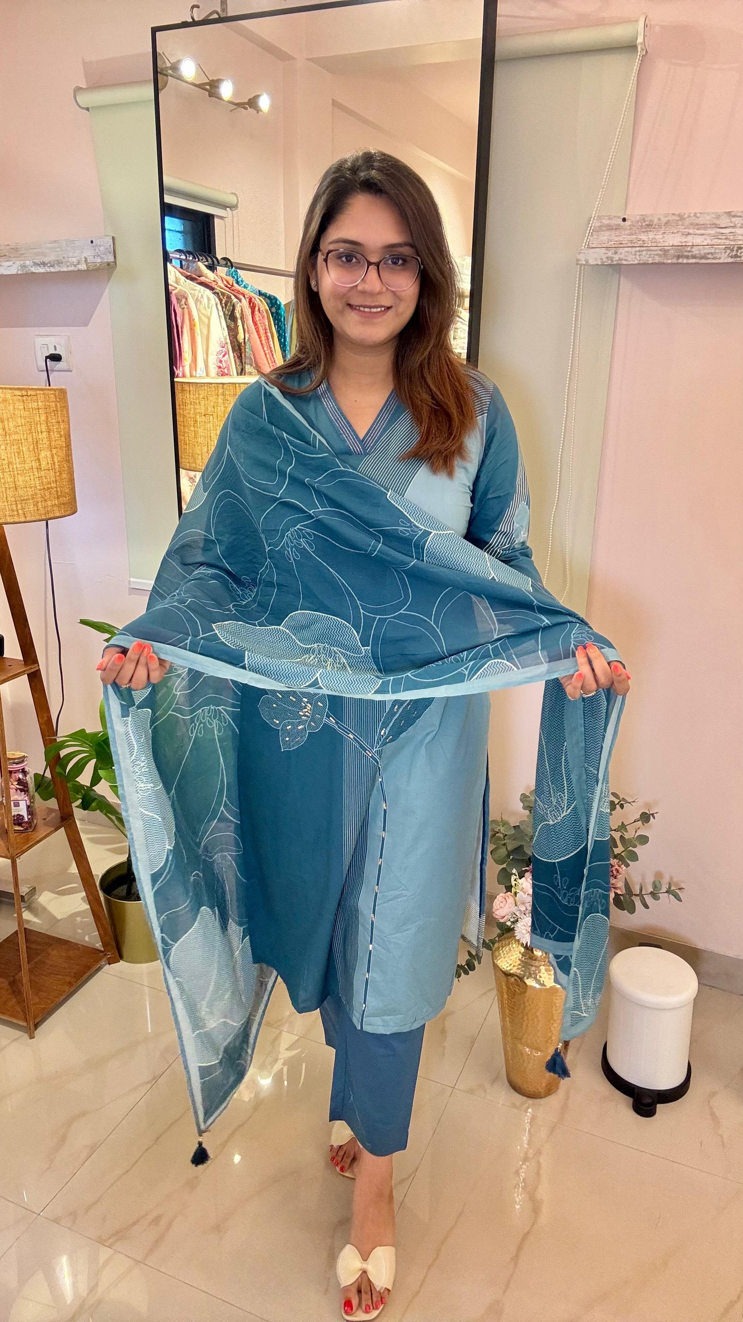 Women Muslin With Digital Print & French Knots Embroidery Readymade Suit Set
