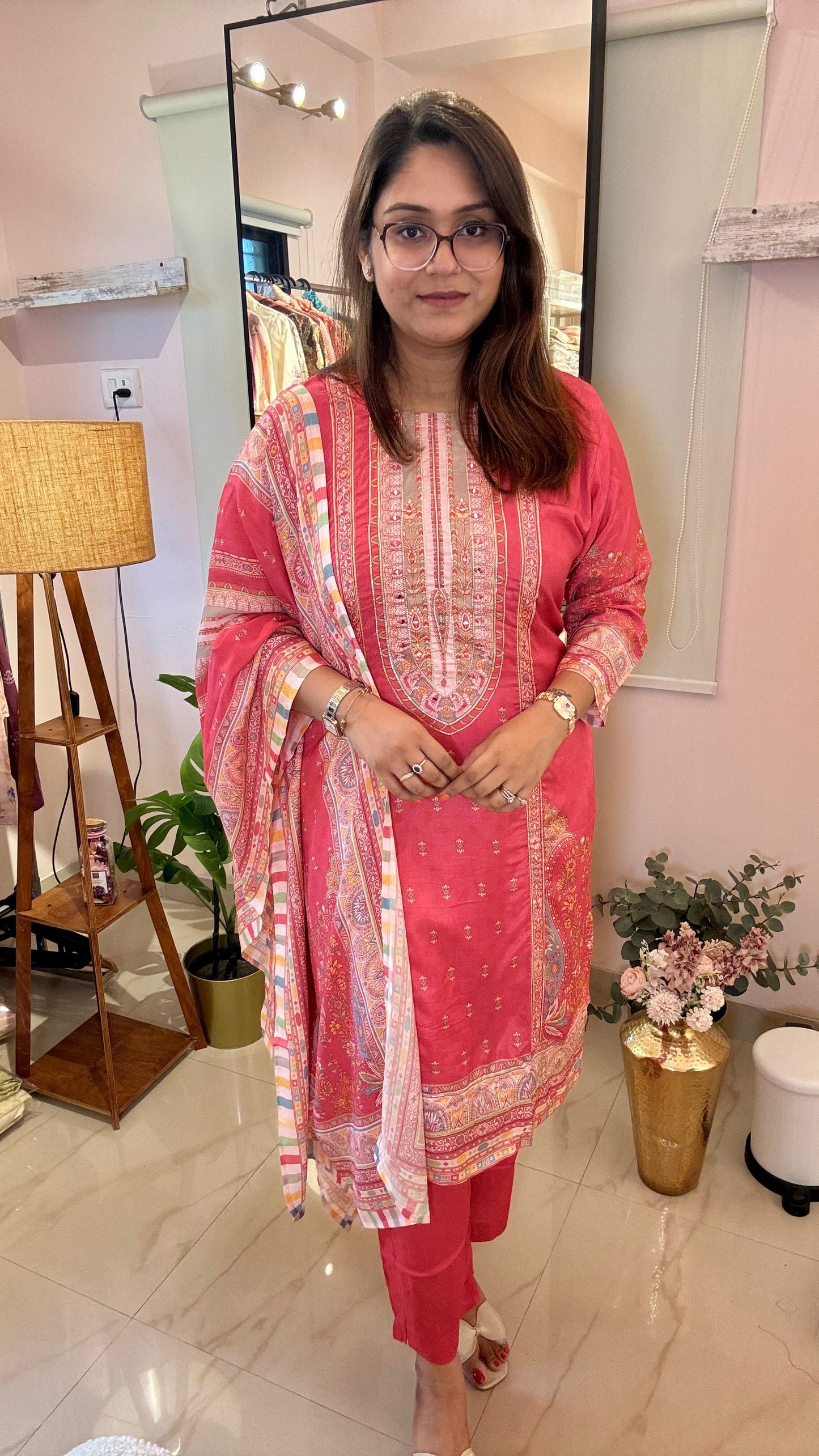 Women Kashida Print Muslin Readymade Suit Set