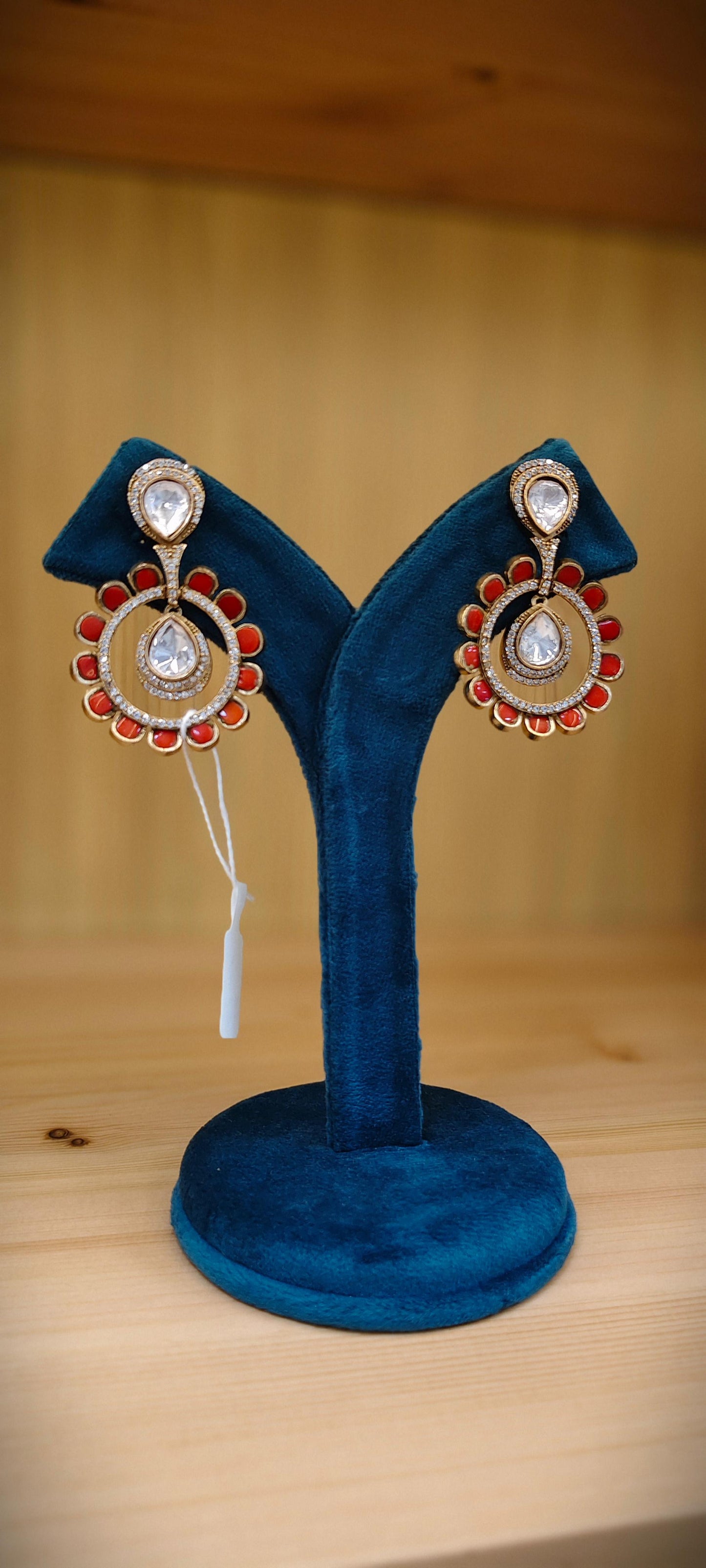 Moissanite Stone AD Earrings Floral Dangler Earrings With Red Enamel