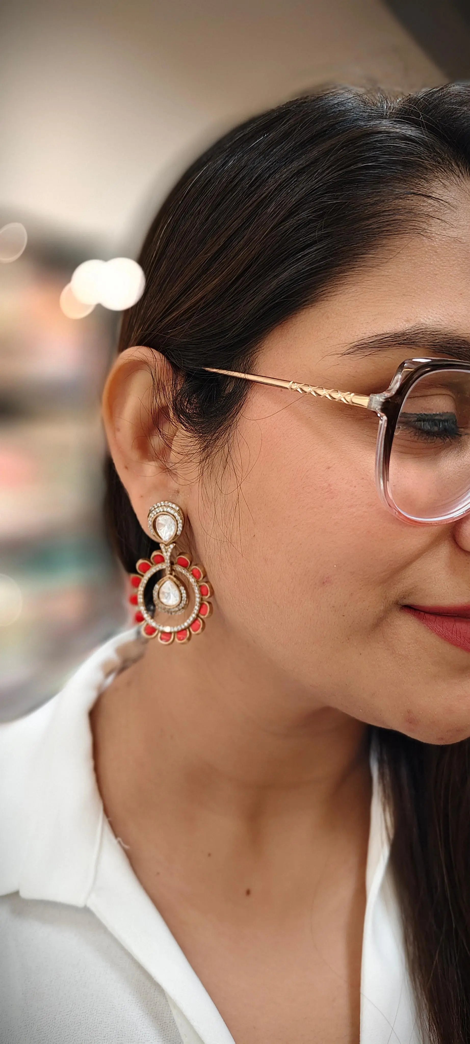 Moissanite Stone AD Earrings Floral Dangler Earrings With Red Enamel Reyshaa