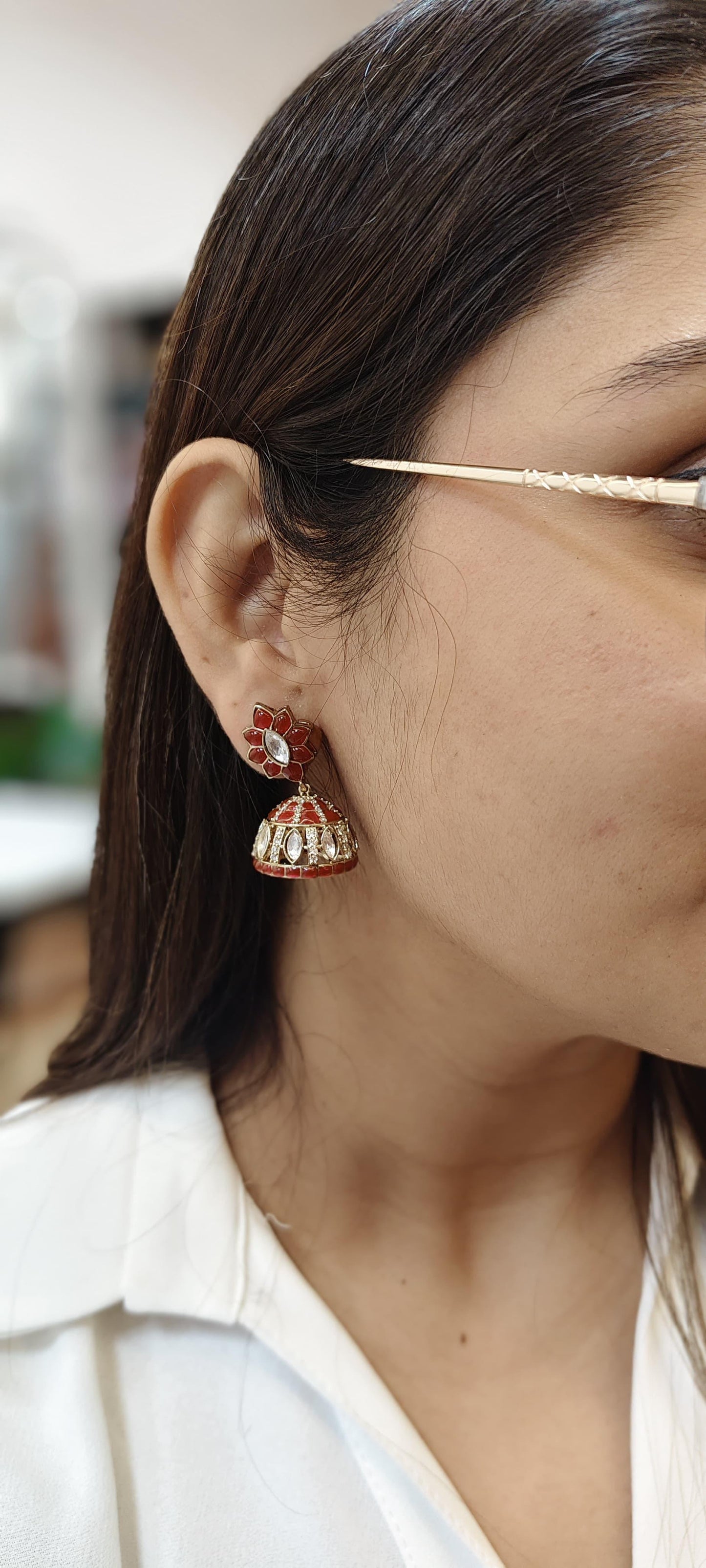 Ruby and Polki Jhumki Earrings With AD Stones