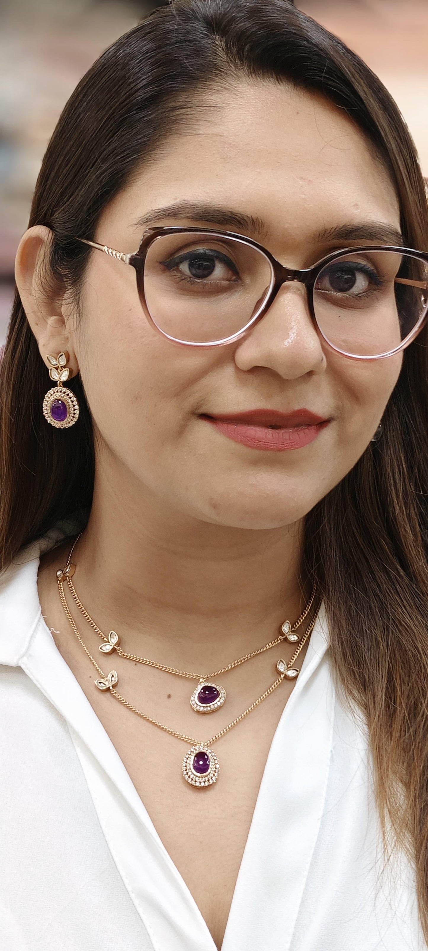 Two String Polki And Purple Stone Necklace Set With Drop Earrings