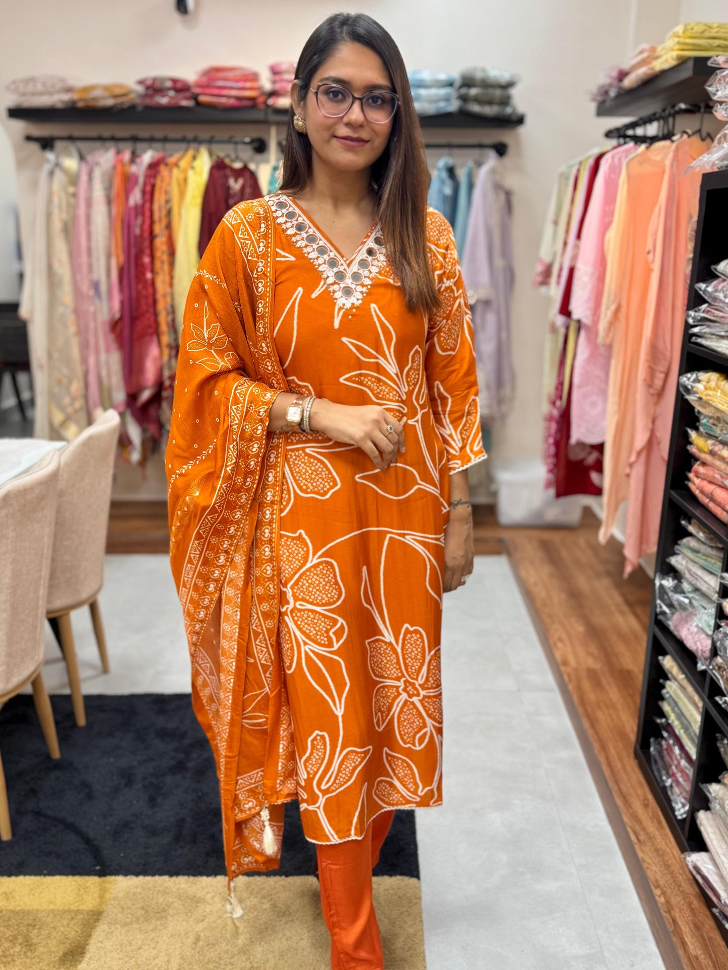 Abstract Digital Print Russian Silk Readymade Suit Set