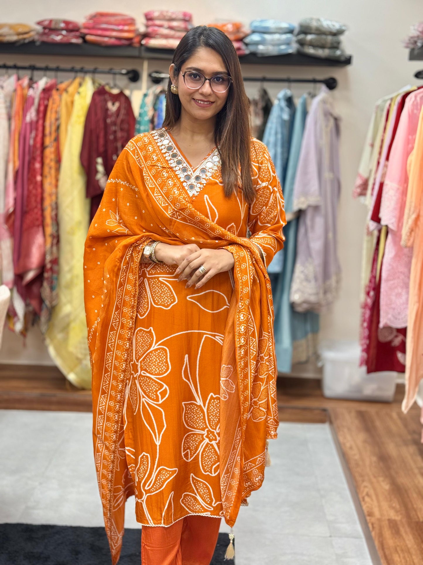 Abstract Digital Print Russian Silk Readymade Suit Set
