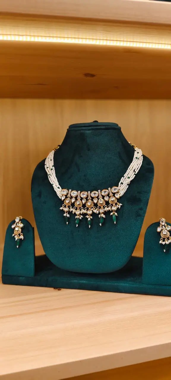 Kundan Rajwada Set With Pearl And Emerald Stone and Drop Earrings Reyshaa