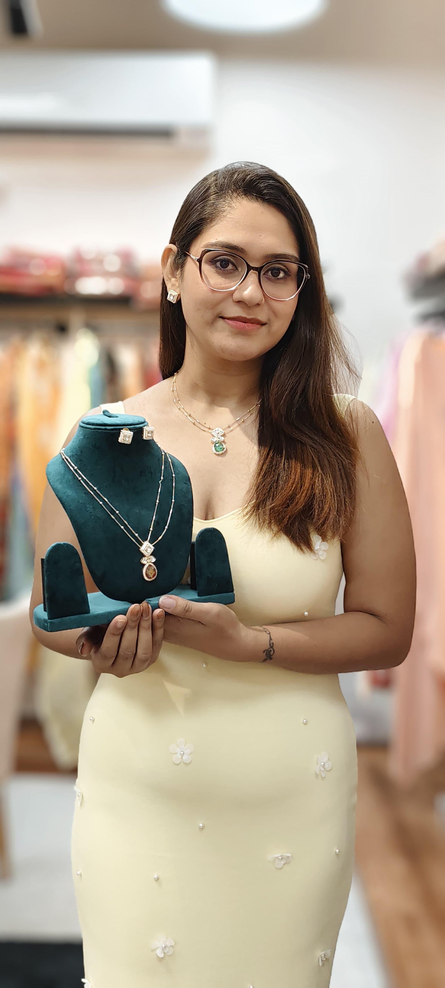 Double String Ball Chain Necklace With Attached Pendant & Stud Earrings