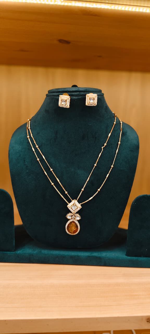 Double String Ball Chain Necklace With Attached Pendant & Stud Earrings