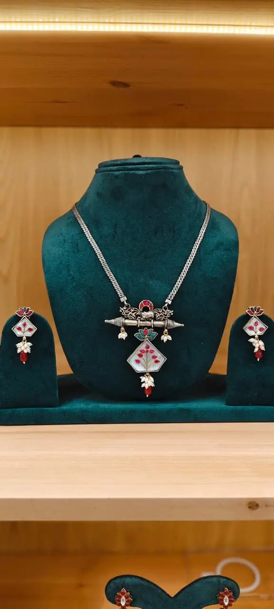 Oxidised Silver Meenakari Pendant Necklace Set Reyshaa