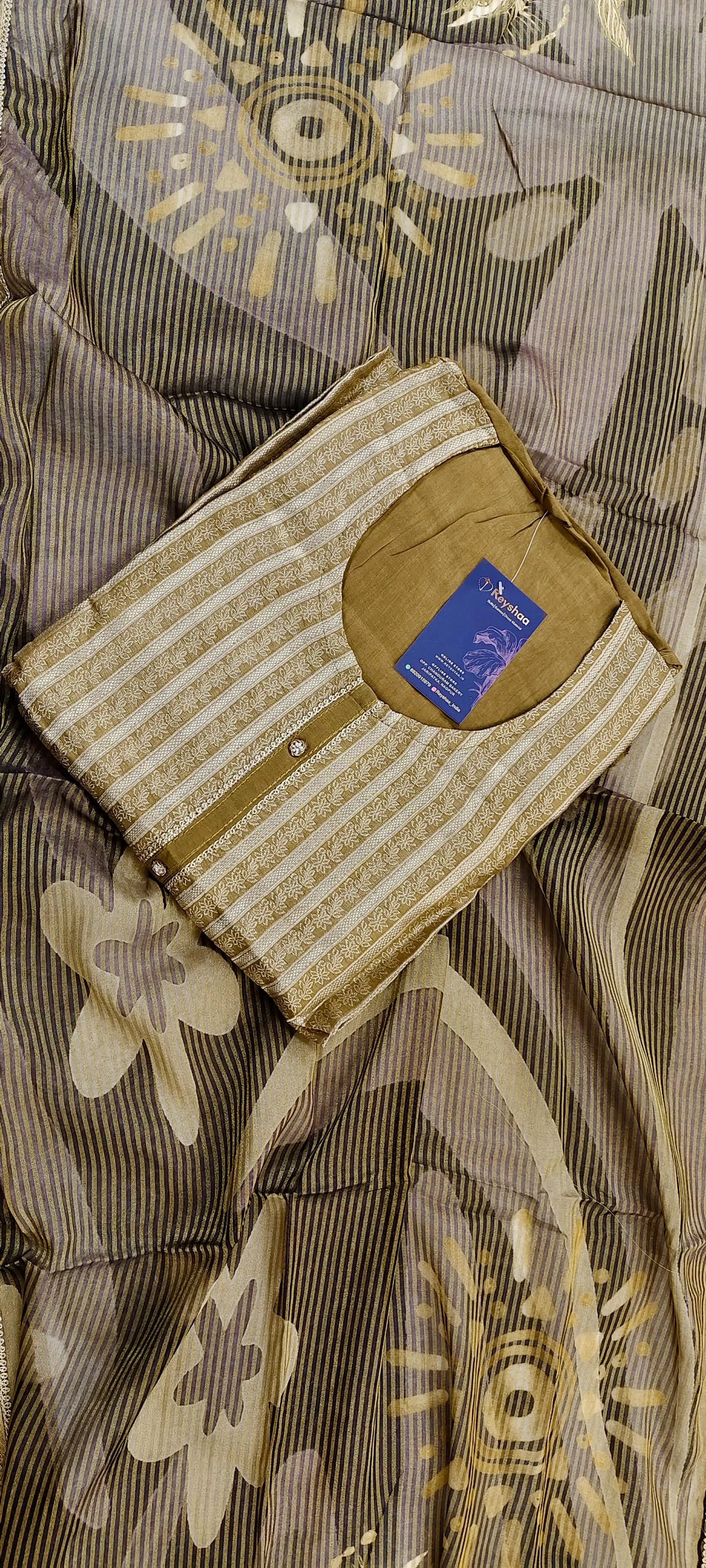 Striped Banarasi Organza Suit Set With Abstract Digital Print Reyshaa