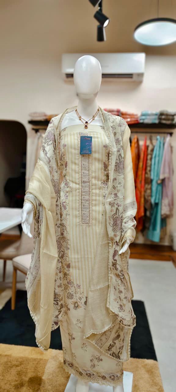 Pure linen Pakistani suit set with floral digital printing and crochet lace and embellishments.