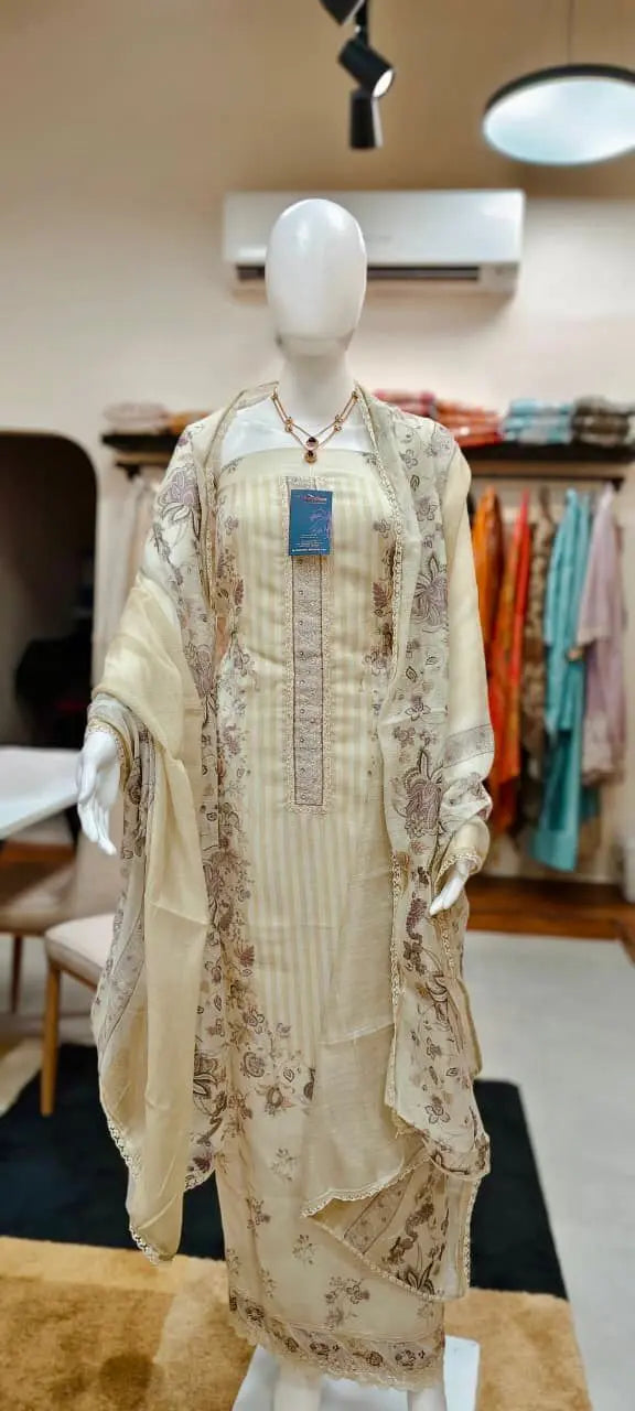 Pure linen Pakistani suit set with floral digital printing and  crochet lace and embellishments. Reyshaa