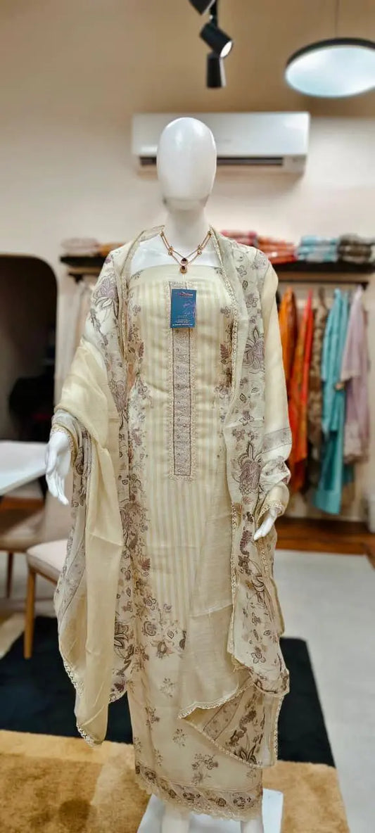Pure linen Pakistani suit set with floral digital printing and  crochet lace and embellishments. Reyshaa