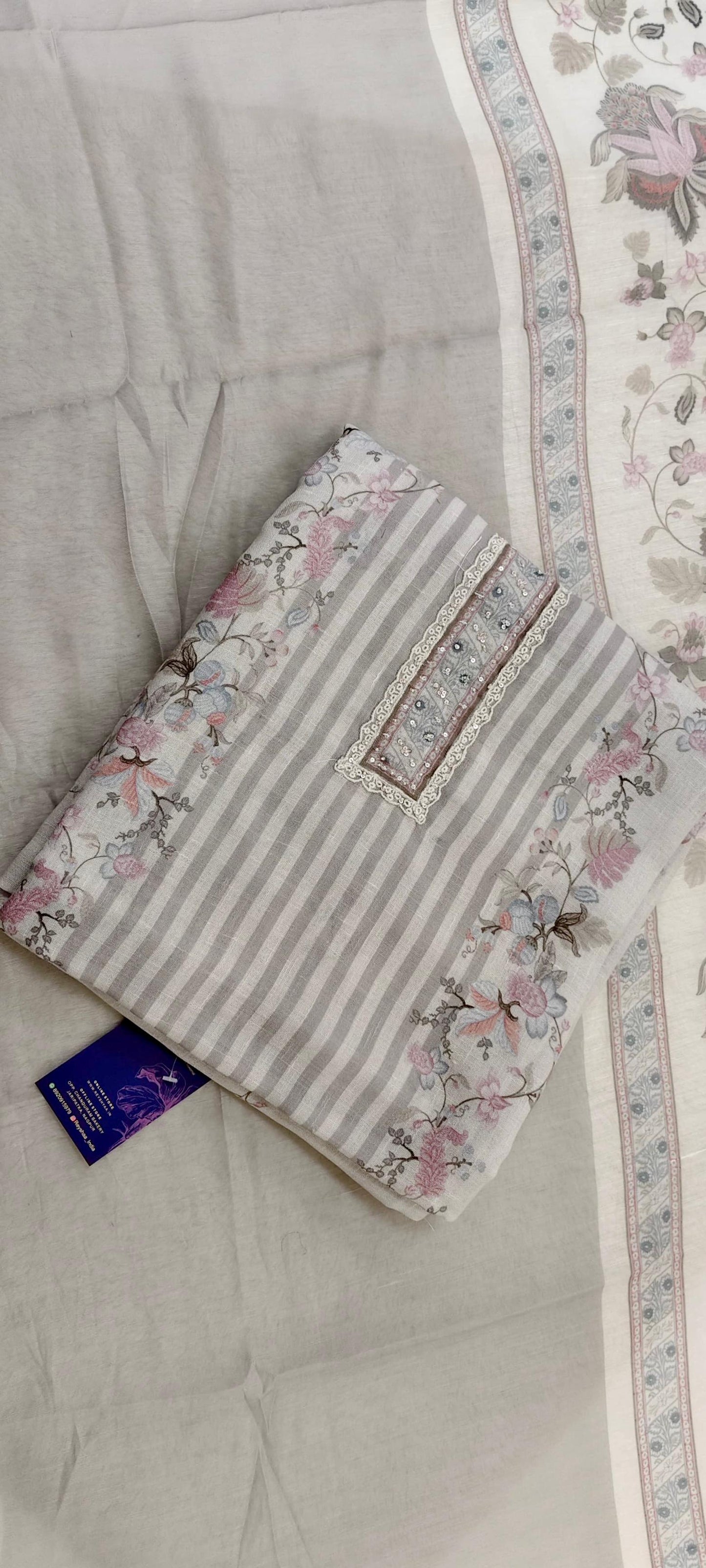 Pure linen Pakistani suit set with floral digital printing and crochet lace and embellishments.