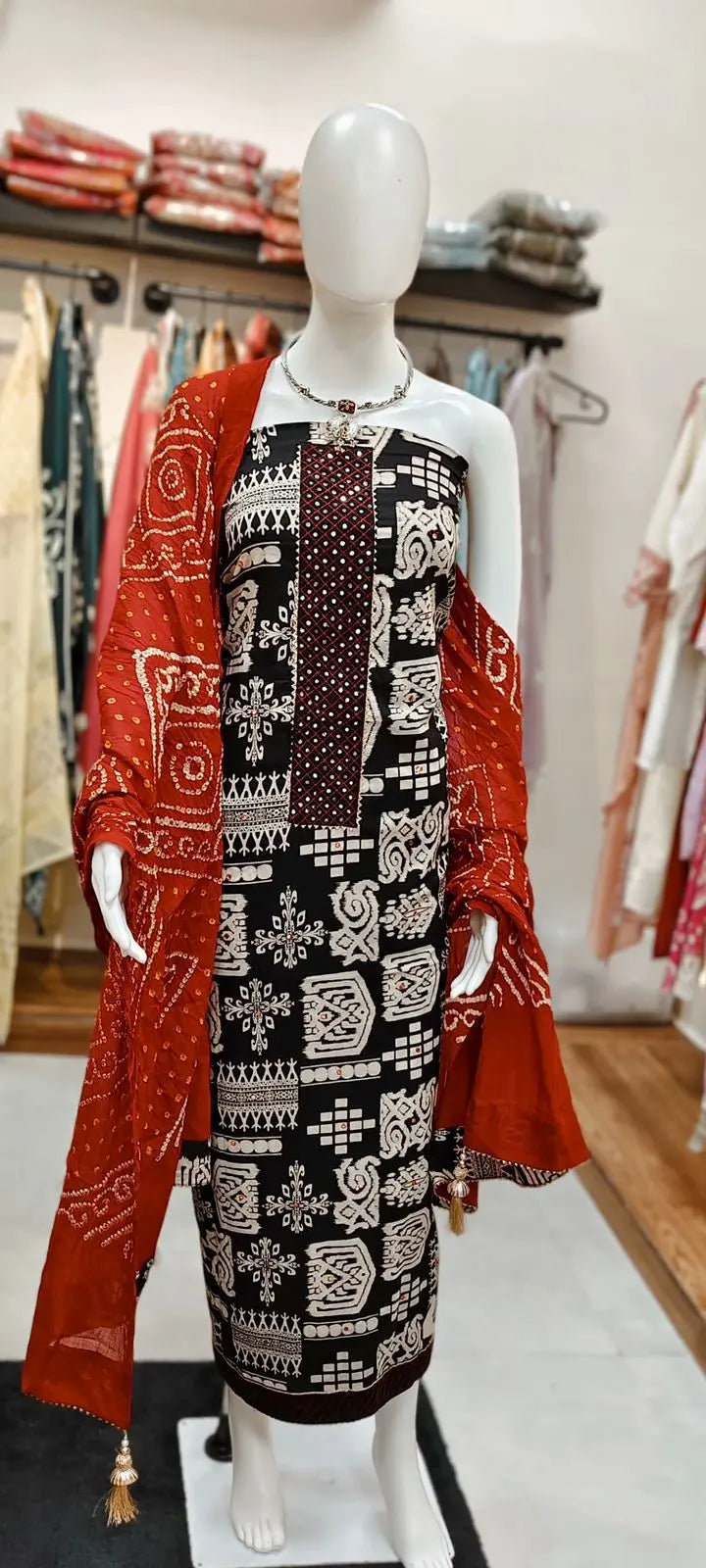 Tribal Print Kurta With Pure Cotton Bandhej Dupatta Dress Material Reyshaa