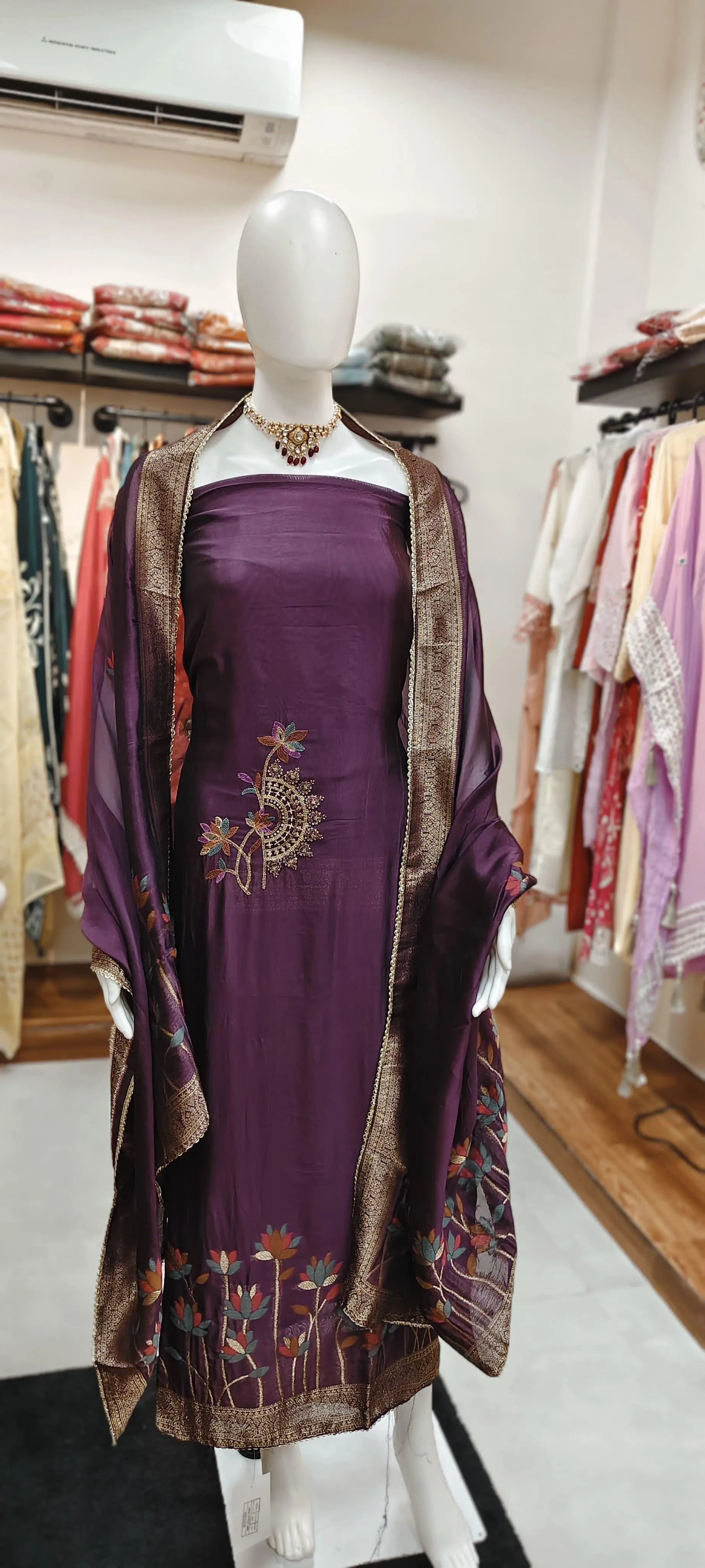Silk Blend Dress Material with Embroidered Dupatta Reyshaa