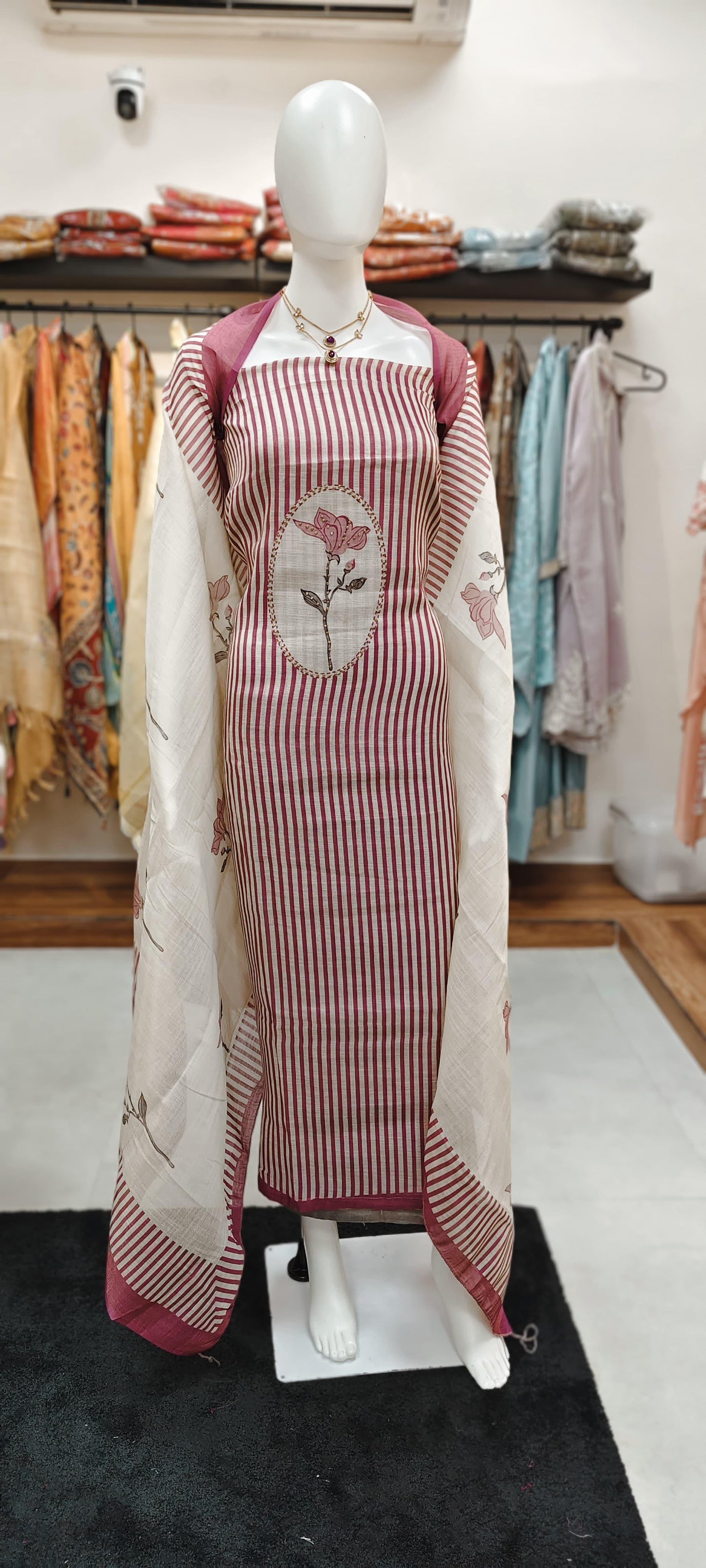 Striped Linen Cotton Dress Material With Floral Embroidery And Digital Print Dupatta