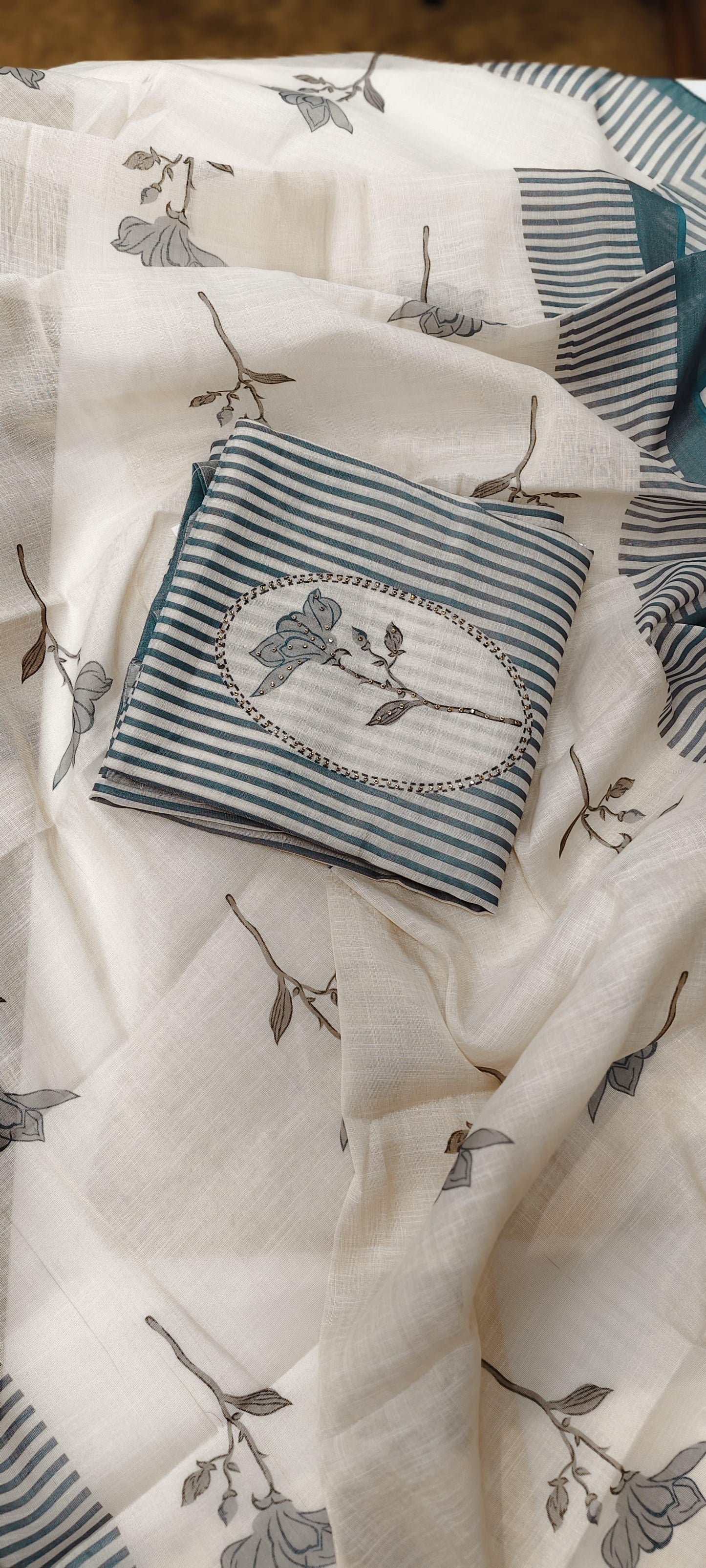 Striped Linen Cotton Dress Material With Floral Embroidery And Digital Print Dupatta