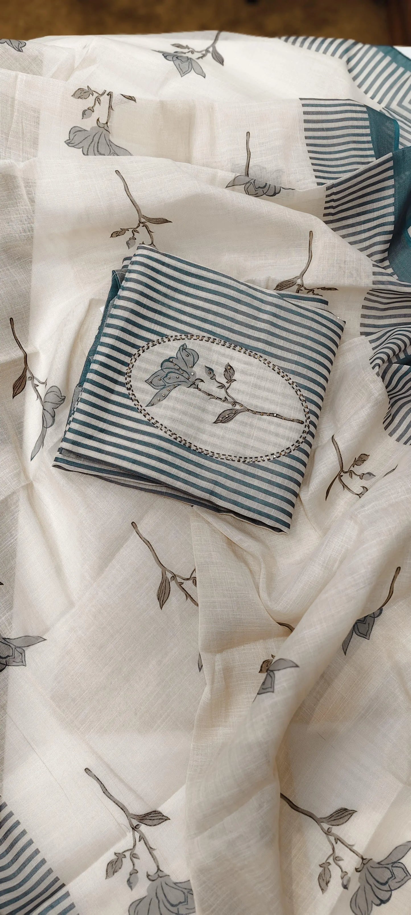 Striped Linen Cotton Dress Material With Floral Embroidery And Digital Print Dupatta Reyshaa