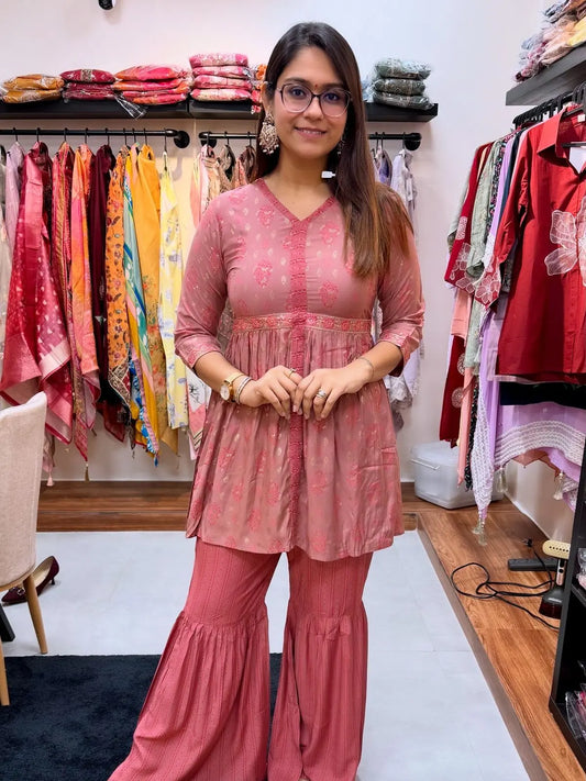 Muslin Digital Print Indo-Western Set with Short Kurti & Sharara Pants Reyshaa