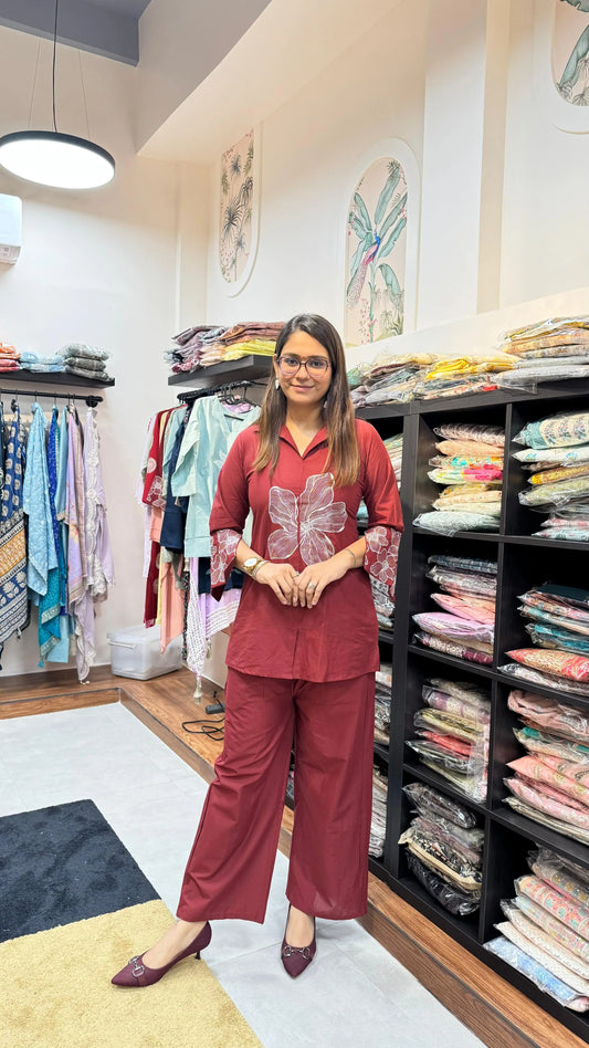 Pure Cotton Embroidered Bell Sleeve Co-ord Set Reyshaa