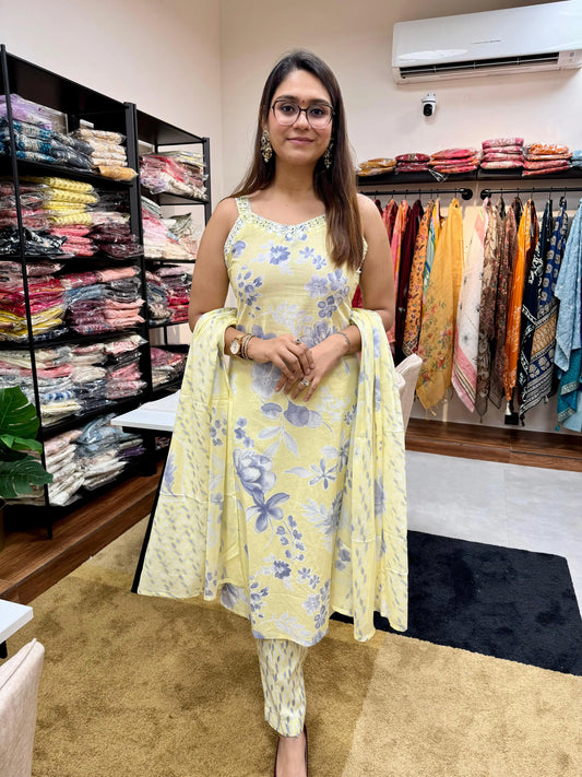 Pure Cotton 3-Piece Suit Set with Intricate Sleeve Detailing Reyshaa