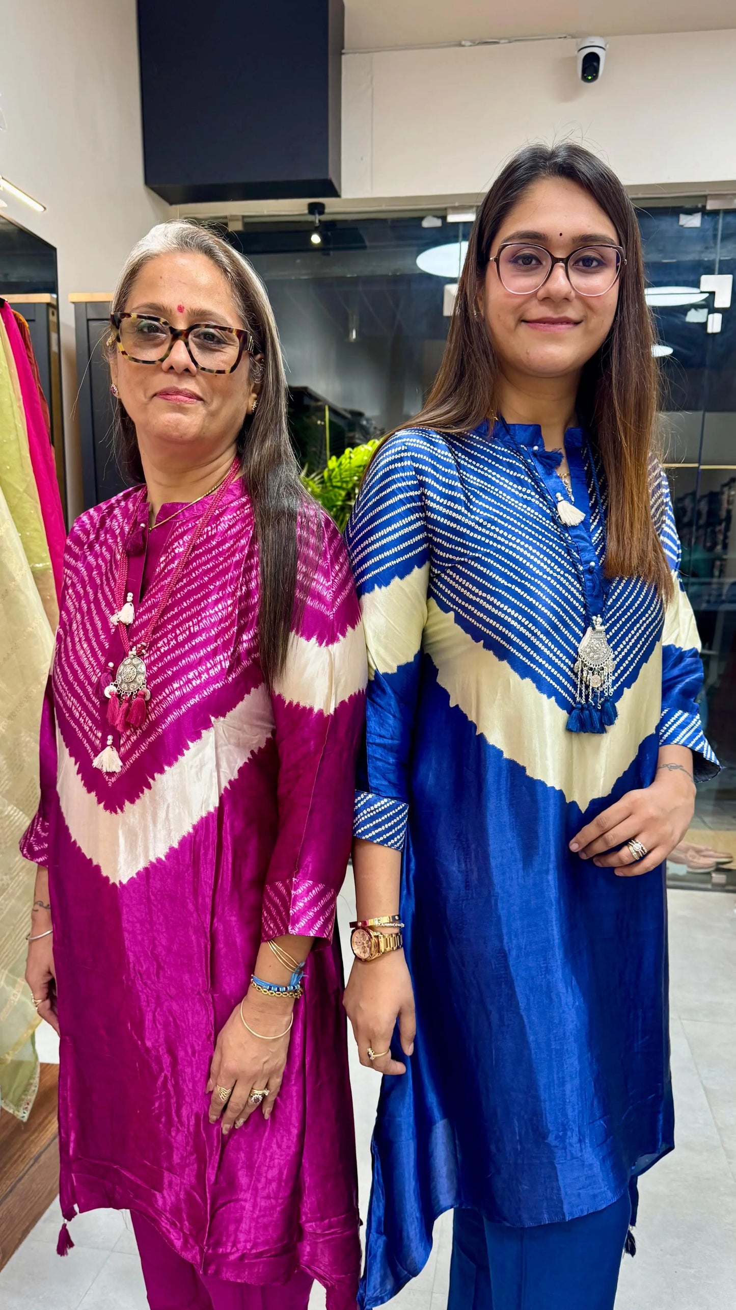 Gajji Silk Contemporary A-Line Co-ord Set in Blue & Magenta with Oxidised Necklace Reyshaa