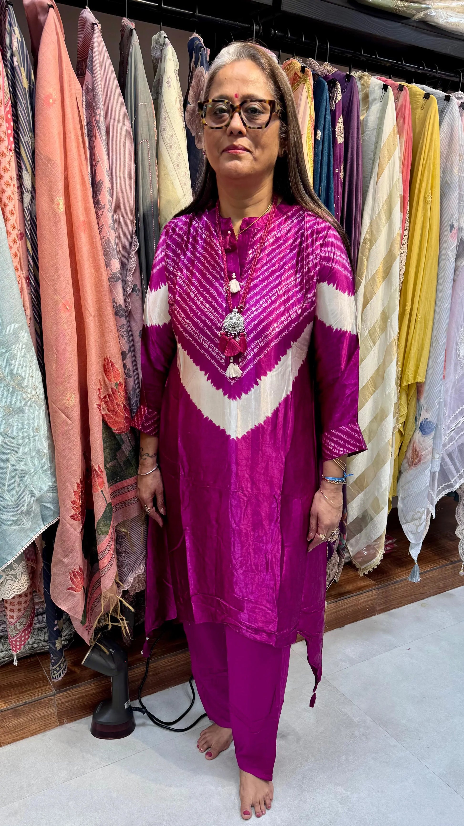 Gajji Silk Contemporary A-Line Co-ord Set in Blue & Magenta with Oxidised Necklace Reyshaa