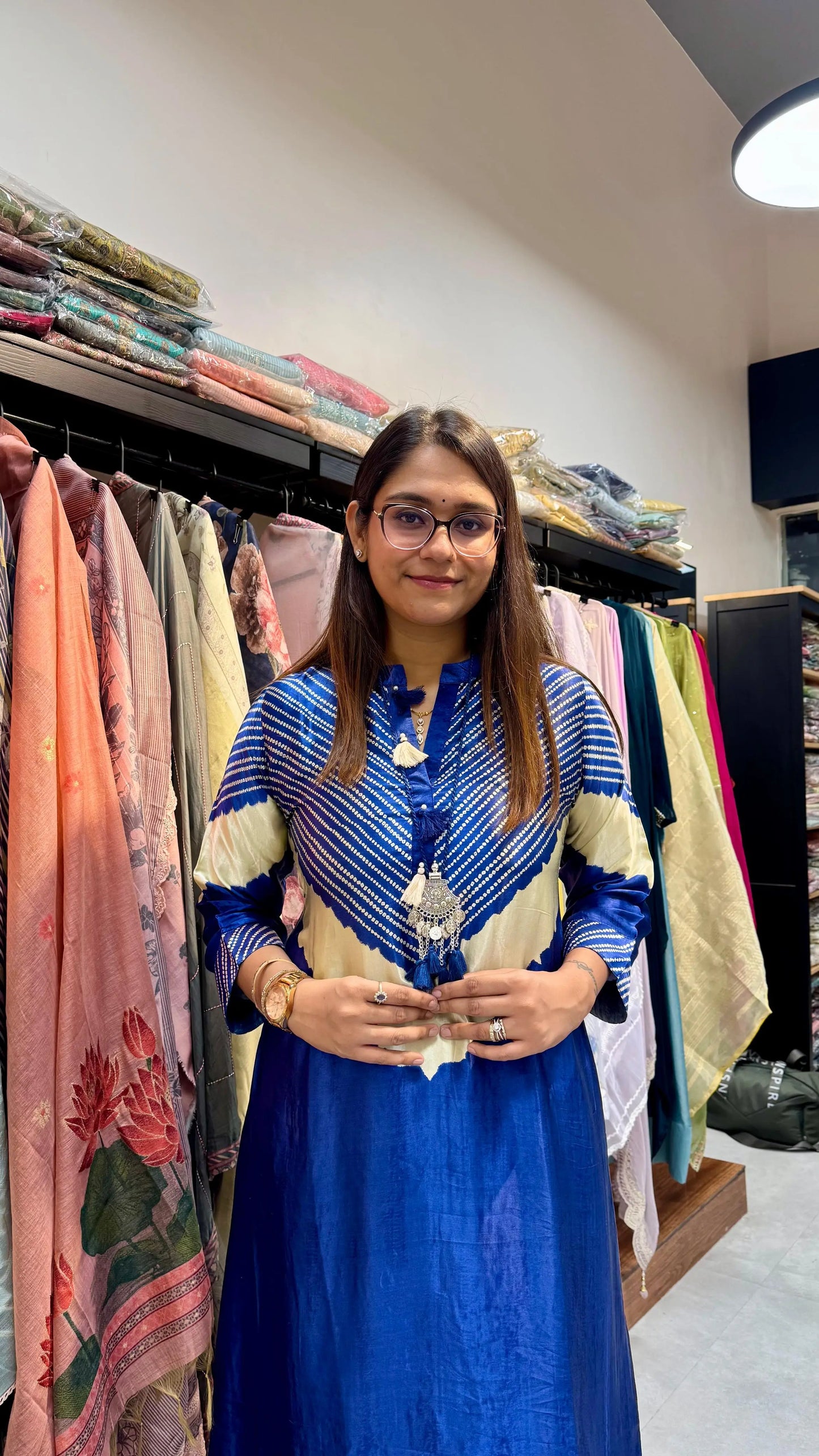 Gajji Silk Contemporary A-Line Co-ord Set in Blue & Magenta with Oxidised Necklace Reyshaa