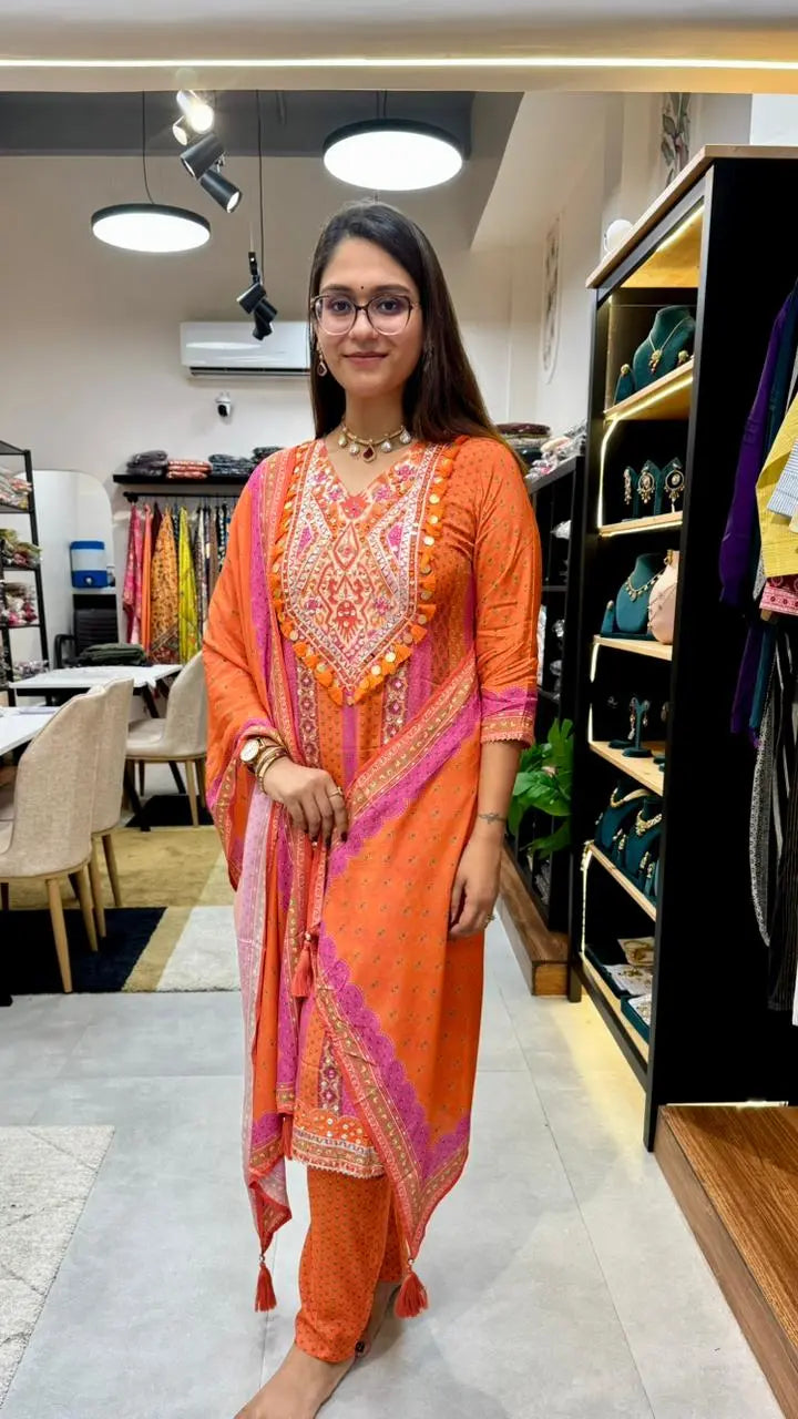 Elegant Natural Crepe Suit Set with Intricate Mirror Work Reyshaa