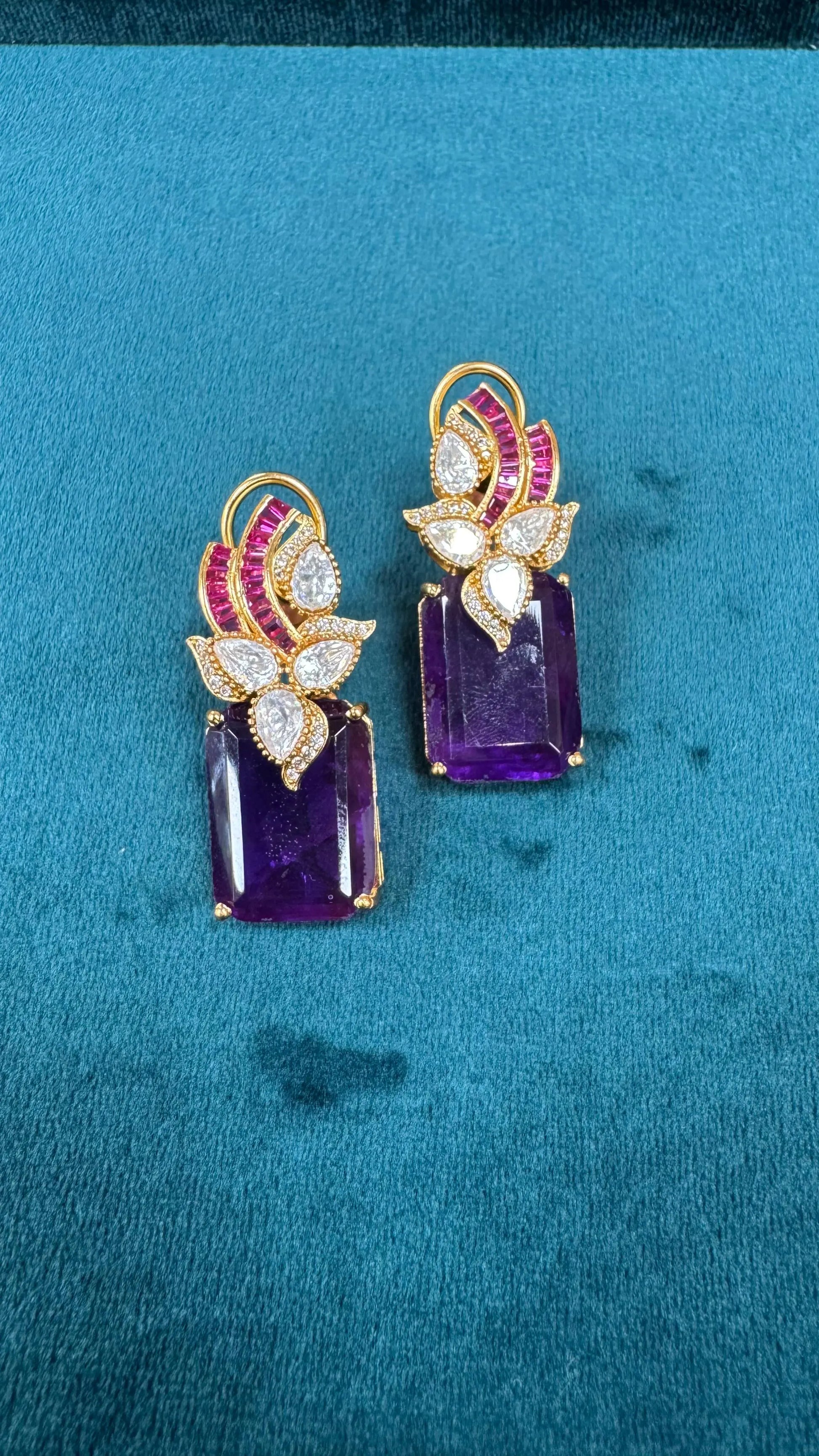 Leaf Pattern Kundan Earrings with Ruby Glass & Amethyst Look Reyshaa