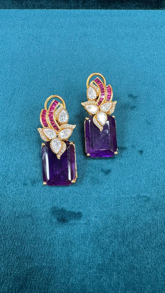 Leaf Pattern Kundan Earrings with Ruby Glass & Amethyst Look Reyshaa